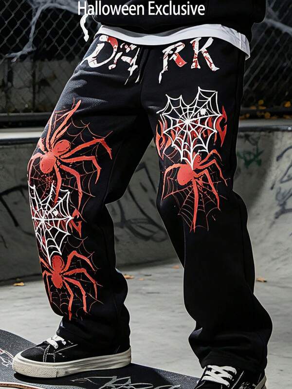 Lurzo Boys' Autumn/Winter Y2K Streetwear Loose Straight-Leg Pants, Bloodstain Dark Color Letter + Spider Web Print Straight-Leg Pants, Suitable For Street Hip-Hop Style