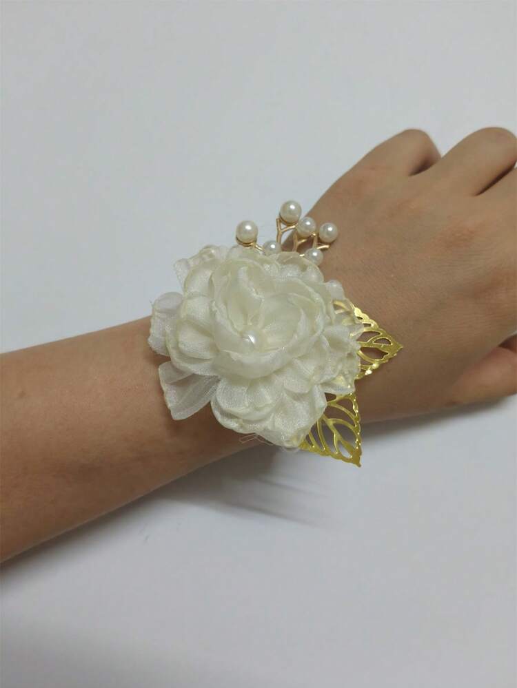 1pc Women's Wrist Corsage Bridal Bridesmaid Wedding Flower Red Rose Decorated Wrist Flower Bridal Party Hand Accessory Brooch Cocktail Party Ball Daily Bracelet Accessory - 768-beige - View 5