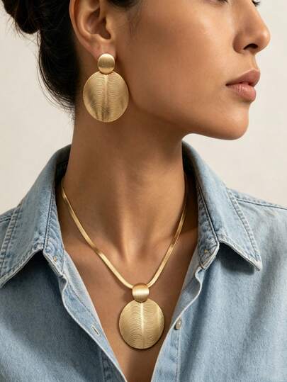 2 Peças Conjunto de Joias Vintage Disco Grande Ondulado Dourado, Colar de Osso de Cobra, Brincos, Colar, Joias de Disco Geométrico Escovado, Joias para Mulheres, Festa, Design de Nicho, Joias para Looks