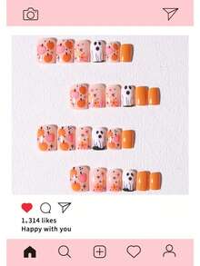 Halloween 24pcs Short Square Press-On Nails, Ghost, Flower, Pumpkin Pattern Design, Acrylic Material Set Includes: 1pc Jelly Glue And 1pc Nail File - Multicolor - View 3