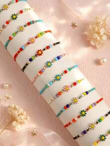 10pcs Colorful Daisy Beaded Adjustable Rope Bracelet Set, Bohemian Style Summer Handmade Woven Women's Daily Jewelry Gift - Small Flower Rice Bead Drawstring Bracelet - View 4