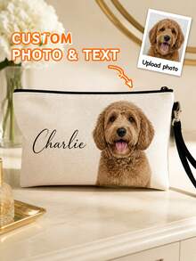 Custom Pet Photo Makeup Bag, Personalized Text Zipper Pouch With Wrist Strap, Multi‑Use Storage Pouch, Nice Gift For Pet Lovers Birthday Holiday - Multicolor - View 1