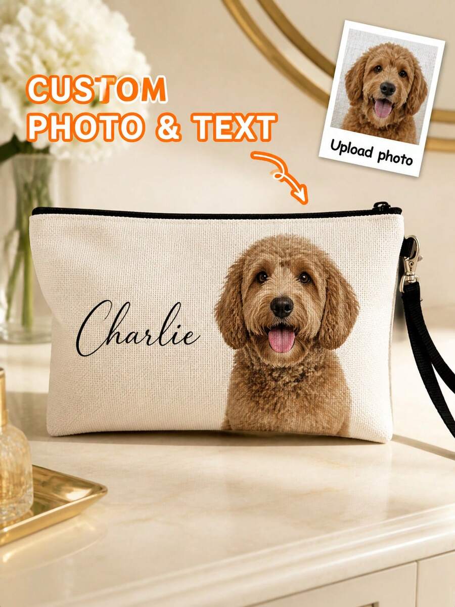 Custom Pet Photo Makeup Bag, Personalized Text Zipper Pouch With Wrist Strap, Multi‑Use Storage Pouch, Nice Gift For Pet Lovers Birthday Holiday - Multicolor - View 1