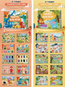 4 Themes Reusable Busy Sticker Book Large Size Travel Essential Activity Book, Transportation Farm Dinosaur Ocean Animals Time Basic Learning Book, Portable Outdoor Car Train Travel Educational Quiet Book, Montessori Toy, Magic Hook And Loop Matching Puzzle Toy - Multicolor - View 5