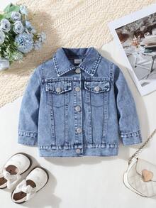 Baby Girls Spring/Autumn Fashion Street Style Vintage Washed Light Blue Denim Jacket With Faux Pockets And 3D Butterfly Back Decor, Sweet Cute Preppy Style, Suitable For Spring/Autumn Wear, Daily Outings, Kindergarten, Parties And Family Casual Occasions, Baby Jacket, Denim Jacket - Light Wash - View 1