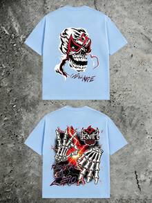Front & Back Double‑Sided Luchador Skull Mask Tee, Skeleton Hands Lightning Gothic, 180g Pure Cotton Short Sleeve Top For Men - 藍色2 - 查看 16