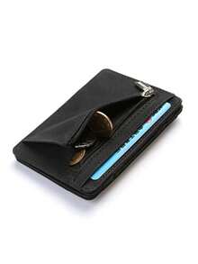 Minimalist Men's Card Holder Wallet With Zipper Coin Pocket, Ultra-Thin Magic Wallet, PU Leather Credit Card & Bank Card Holder, Small Men's Wallet With Cash Compartment - Black - View 1