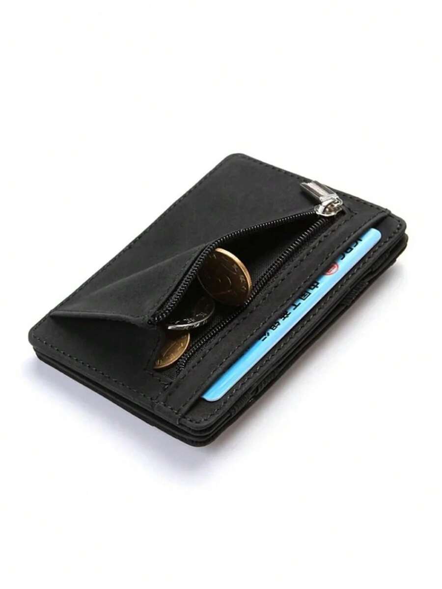 Minimalist Men's Card Holder Wallet With Zipper Coin Pocket, Ultra-Thin Magic Wallet, PU Leather Credit Card & Bank Card Holder, Small Men's Wallet With Cash Compartment - Black - View 1