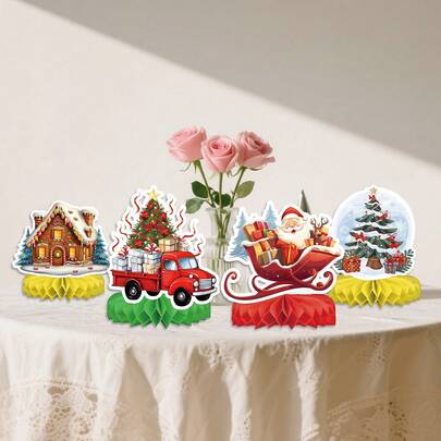 9 piezas de centros de mesa de panal de abeja navideños, decoración de panal de papel con trineo de Papá Noel, camión rojo, árbol de Navidad y caja de regalo, elementos de dibujos animados navideños, excelentes para reuniones familiares navideñas, suministros de decoración de mesa para fiestas navideñas