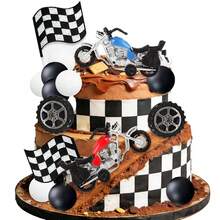 16pcs Motorcycle Theme Cake Toppers: Vintage Motorcycle Flags, Tires And Decorations, Suitable For Children's Birthday Party - Multicolor - View 8