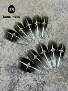 Edgy 10pcs Long Stiletto Press On Nails, Sparkly Silver Black Cat Eye With Metallic Cross Star Pattern And Rhinestone Accents, Heavy Duty Handmade False Nails Set For Women Girls Party Club Night Out Halloween Cosplay Daily Wear Holiday Christmas - Silver Black - View 12