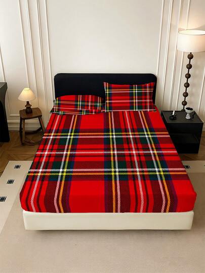 1PC Classic Plaid Design Fitted Sheet (Fitted Sheet Only, No Pillowcase), Soft And Comfortable 100% Polyester Fabric, Suitable For Bedroom, Guest Room, School Dormitory Fitted Sheet, Easy To Remove And Machine Washable All-Season Mattress Protector