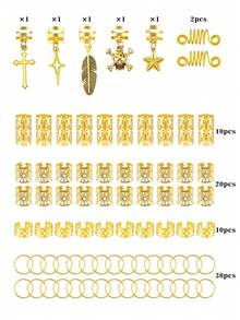 77件套合金太陽主題混款髮環髮飾，星星、葉子、愛心造型，適用於辮髮的洛克髮飾，適合女孩與女性 - 金色 - 查看 3
