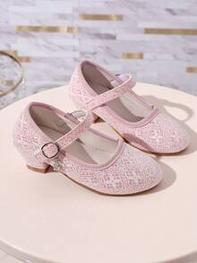 Gentle Lace Sequin Girls Princess Shoes Chunky Heel Children's Formal Shoes - Pink - View 2