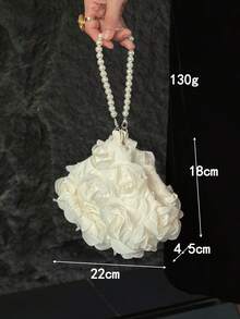 女款手拿包，3D玫瑰花卉圖案，緞面布料，珍珠珠飾手柄，迷你水桶包，優雅浪漫手提包，適合婚禮派對舞會晚宴 - 白色 - 查看 10