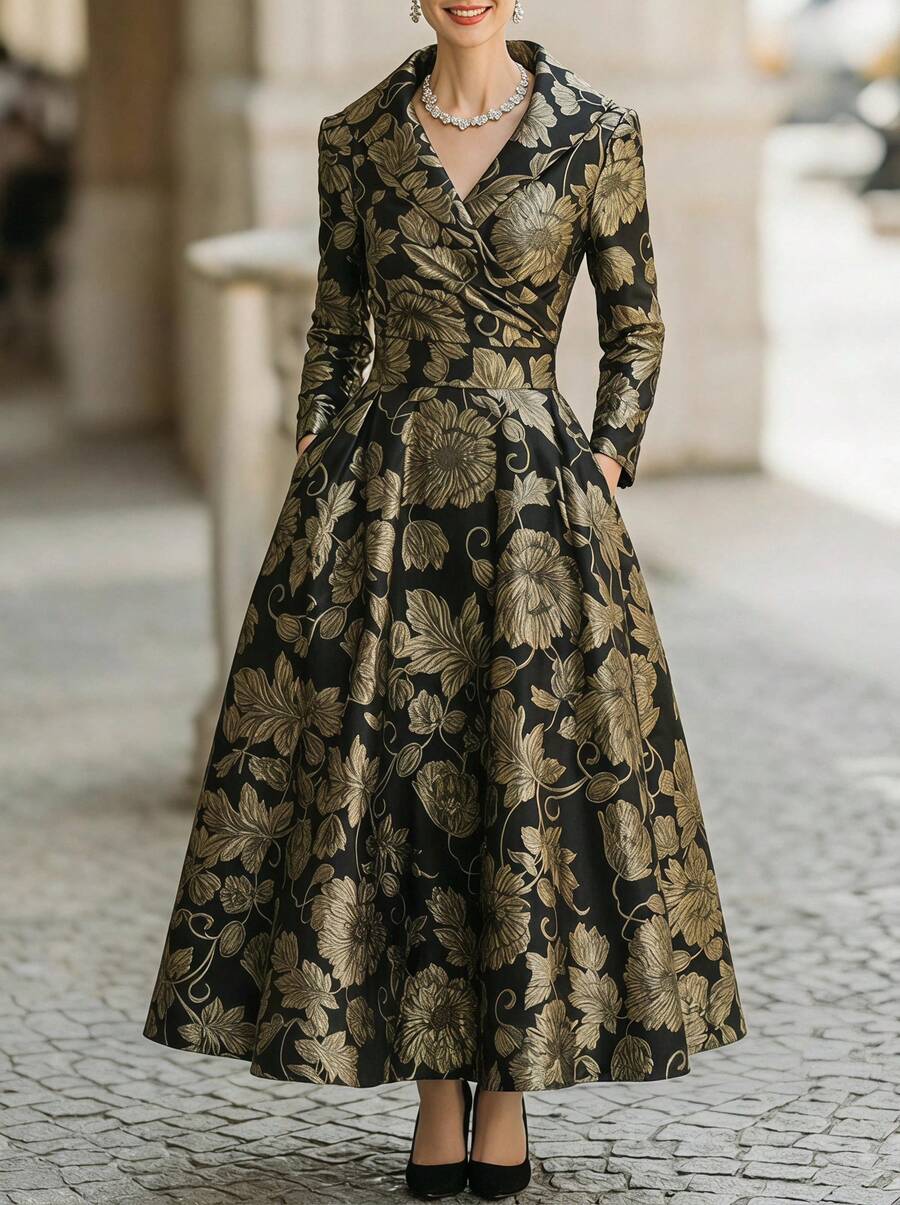 Elegaris 女士优雅金色花卉提花翻领A字中长连衣裙,秋冬春假 - 黑色和金色 - 查看 1