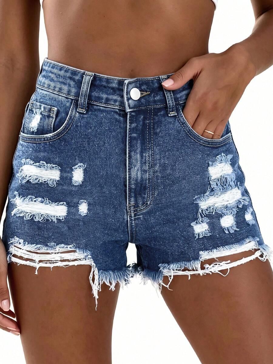 STLY Celana Jeans Wanita Pinggang Tinggi Sedikit Elastis Gaya Klasik Vintage Nostalgia Gaya Jalanan Hot Girl Pemberontak dengan Ujung Berumbai Desain Musim Panas - Biru tua - View 1