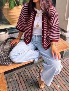 MORI Fall Winter Women Cardigans Y2K Cozy Wine Red Striped Elbow Sleeve Crewneck Loose Knit Sweater Cardigan Button Down Tops Fall Fashion Outfits - Red and Pink - View 7