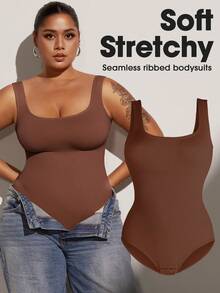 1pc Women Plus Size Seamless Bodysuit, Waist Cinching, Tummy Control, Butt Lifting - Brown - View 2