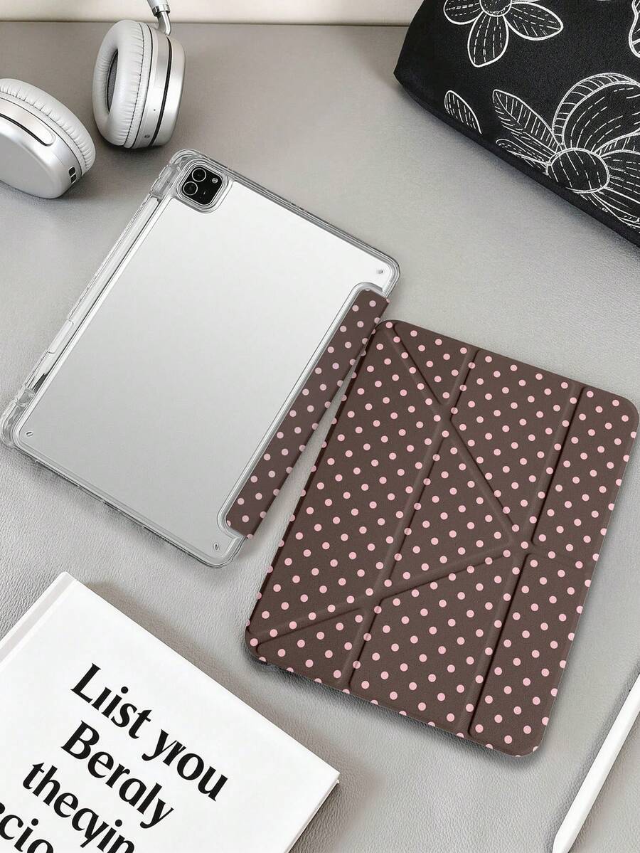1件棕色粉色波點平板電腦保護殼,適用於 iPad Mini6/7/Air/Air2/9.7/10.2/10.5/10.9 (Air4-Air8)/Pro 11/10th Gen/A16/Pro 11 2024,彩繪圖案平板保護殼配透明壓克力背殼,絲綢質感 8 折支架,自動休眠/喚醒,內置筆槽,不含筆,部分機型附相機框 - 彩色 - 查看 1