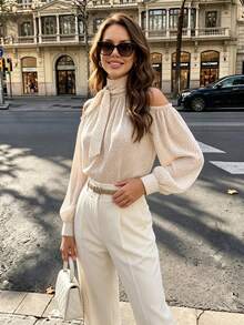 Polka Dot Print Open Shoulder Tie-Up Chiffon Blouse, Summer Vacation White - White - View 4