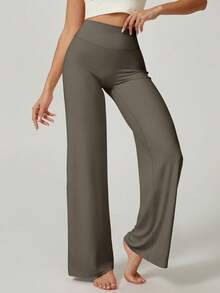 NcmRyu Women's One-Piece Solid Color High-Waisted Straight-Leg Wide-Leg Pants - Brown - View 3