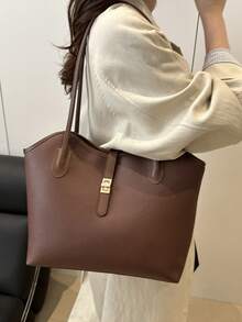 休閒商務大容量雙肩帶托特包，適合女孩與女性購物、通勤、外出、商務活動使用 - 咖啡 - 查看 5