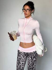 Women 2 Pieces Tracksuit,Zip Up Long Sleeve Crop Jacket & Fold Waist Leopard Flared Pants,Soft Knit For Spring,Athleisure,Gym - Pink - View 5
