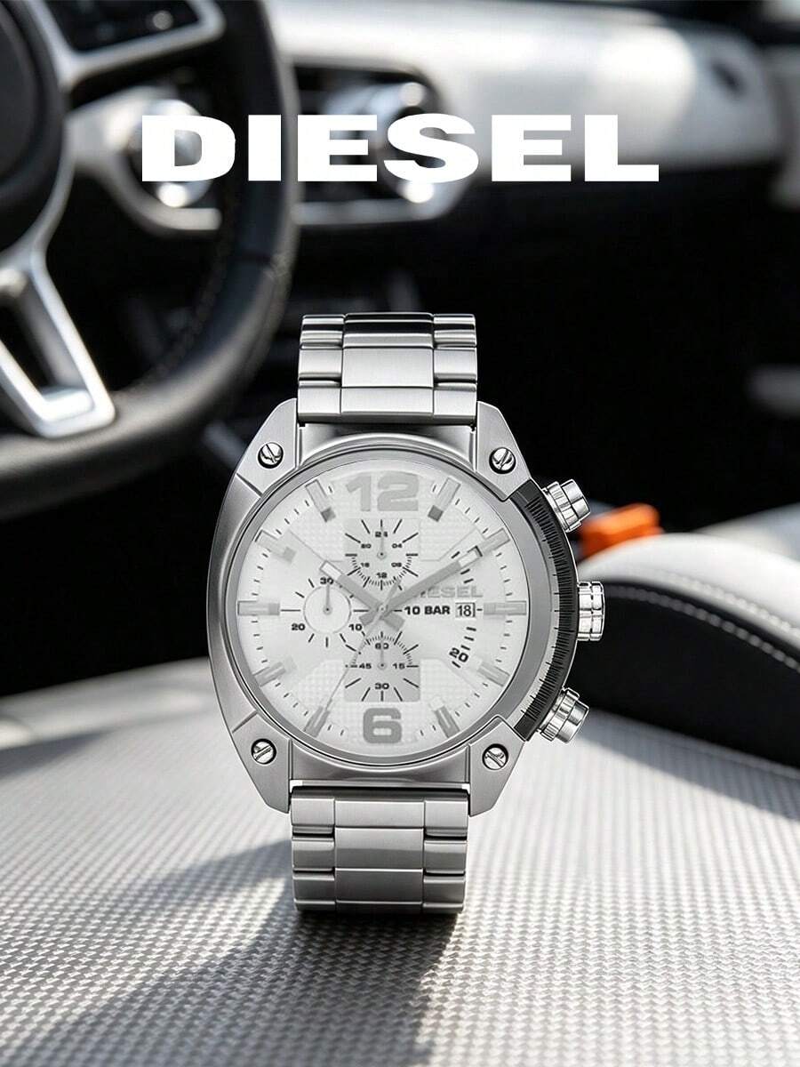 DIESEL DZ4203 Men Chronograph Watch, Silver Stainless Steel Bracelet White Dial Sport Wristwatch - Silver - View 1