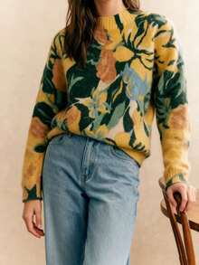 French Style Fresh Elegant Floral Print Round Neck Pullover Sweater Knit Top For Women - Flower - View 4
