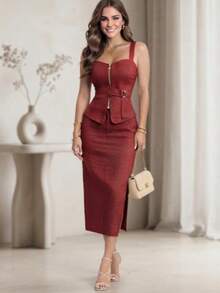 2-PIECE SET STRAP TOP WITH ZIPPER + ELEGANT CHIC LONG SKIRT WITH SIDE SLIT. - 紅色 - 查看 2