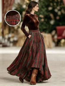 Pockets, Autumn/Winter Retro Plaid High-End Luxury Long Skirt, Commuting, Halloween, Christmas - Multicolor - View 4