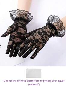 1pair/2/3pcs Wedding Lace Gloves, Hollow Embroidery, Valentine & Christmas, Romantic & Elegant, Fingerless/Full.(Gloves: Main Items, Pouch: Accessory) - Black - View 14