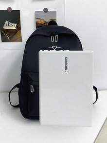 Mochila escolar de gran capacidad, unicolor, versátil, para estudiantes, vuelta a clases - Negro - Ver 2