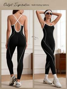 Women's Contrast Color Trim Adjustable Strap Backless Seamless One-Piece Jumpsuit, Pilates Sports Summer - Black and White - View 6