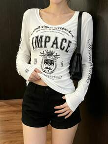 Atasan Kasual Lengan Panjang Gaya Punk dengan Motif Huruf Kontras dan Desain Pinggang Ramping - Hitam - View 5