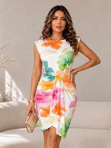ChicMe Sexy Women's Watercolor Floral Print Short Dress, Boat Neck Sleeveless Ruched Bodycon Party Evening Dress - White - View 5
