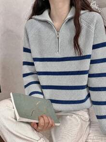 女款條紋圖案半拉鍊時尚針織毛衣 - 淺灰色 - 查看 4