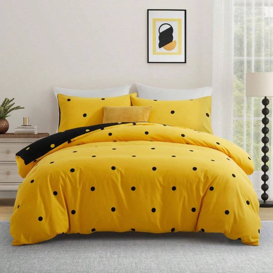 Soft Brushed Microfiber Duvet Bedding Set Wave Pattern For Household Bedroom - Black and Yellow Dotted - View 1