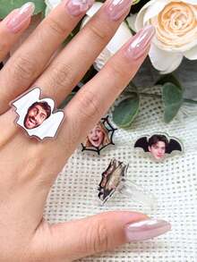 1/3/5pcs Custom Photo Face Ring, Personalized Bat Spider Web Acrylic Finger Rings,Customized Face Rings, Halloween Gothic Rings,Party Decorations - Multicolor - View 10