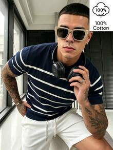 WAIT HIM 100% Cotton Men's Casual Colorblock Striped Knit Top - Blue and White - View 3