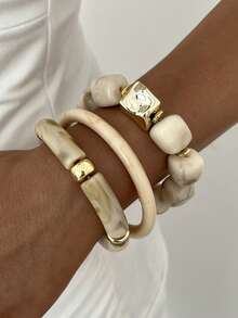 3pcs Vintage Exaggerated Glamorous ABS Resin Gold Bangle And Beige Elastic Bracelet Set Suitable For Women Daily Wear, Party, Date, Wedding, Festival, Gift - Multicolor - View 7