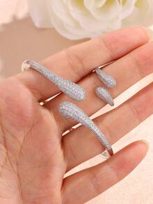 rakol Set Perhiasan Wanita 2 Buah Gelang dan Cincin Terbuka Berbentuk Tetesan Air Mata Warna Emas dengan Hiasan Batu Zirkonia Kubik - tetesan air - View 8