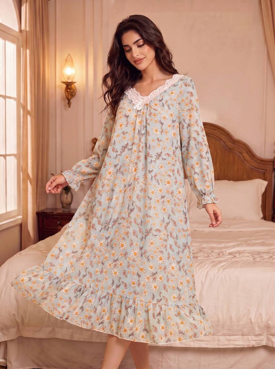 RS Pajama1 Lace V-Neck Long Sleeve Contrast Color Lace Romantic Elegant Printed Nightgown, Autumn/Winter - Mint Green - View 1