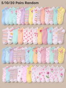 5/10/20 Pairs Random Style Halloween Bowknot Floral Striped Heart Pattern Girls Short Socks, Back To School Season Children Socks, Soft Elastic Breathable School Socks - Multicolor - View 7