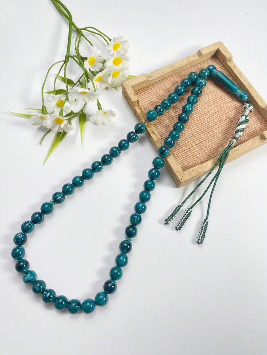 1pc 51-Bead Muslim Prayer Beads, Dark Green Patterned Round Beads Tasbih, Handmade Woven Hanging Rope With Tassel, Handheld Prayer Beads - Multicolor - View 1