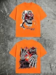 Luchador Mask Skull Double‑Sided Graphic Tee, 180g Pure Cotton Short Sleeve, Skeleton Hands Lightning Gothic Grunge Design For Men - 橙色2 - 查看 12