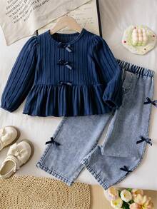 Girls Autumn/Winter Sweet 2 Pieces Set, Navy Blue Vertical Ribbed Crew Neck Puff Sleeve Long Sleeve Ruffle Top With 3D Bow Decor, Elastic Waist Denim Straight Leg Pants, Versatile For School, Daily Wear And Outings - Blue - View 1