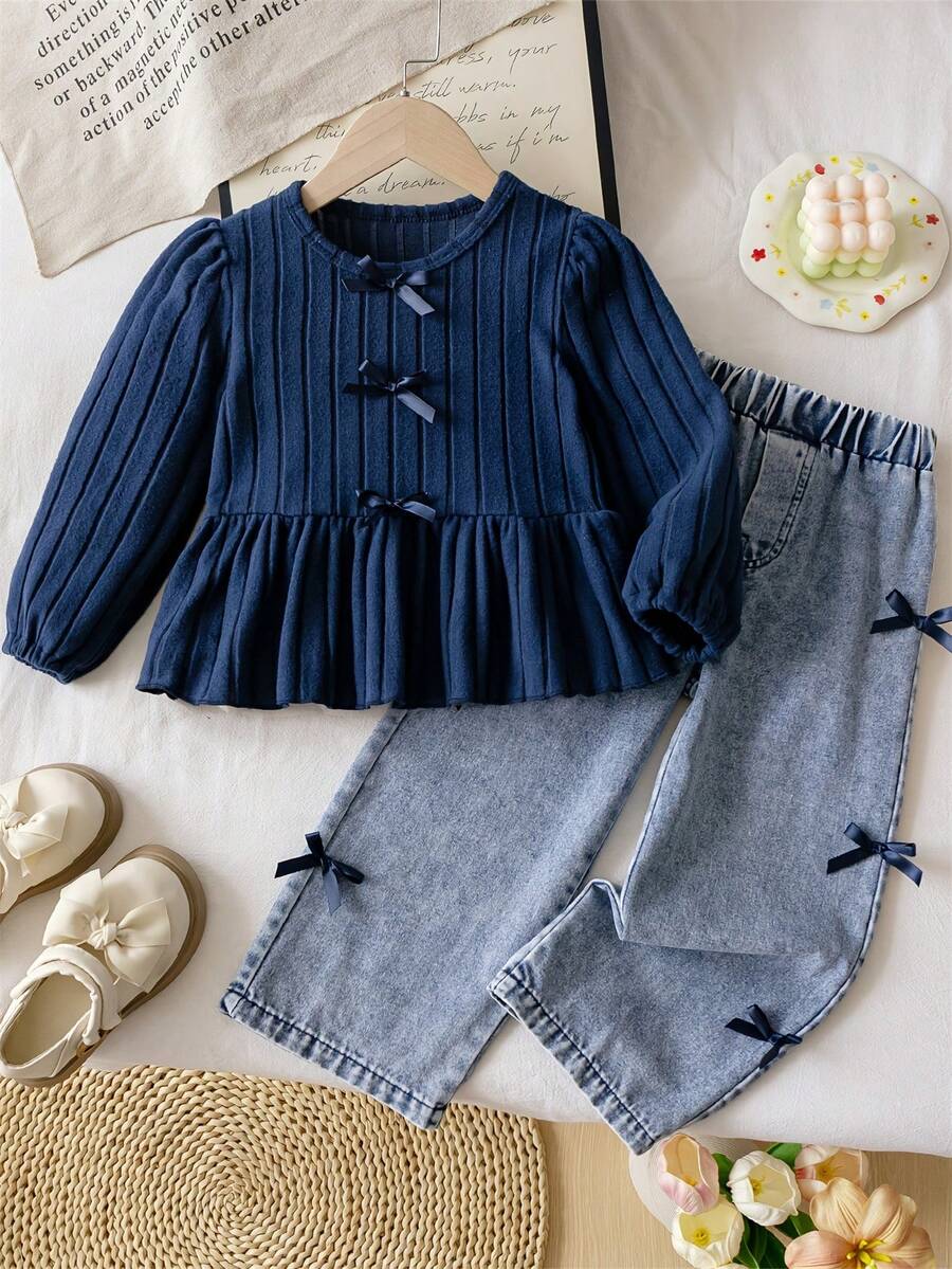 Girls Autumn/Winter Sweet 2 Pieces Set, Navy Blue Vertical Ribbed Crew Neck Puff Sleeve Long Sleeve Ruffle Top With 3D Bow Decor, Elastic Waist Denim Straight Leg Pants, Versatile For School, Daily Wear And Outings - Blue - View 1
