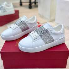 White Leather Sneakers With VL Rivets, Plus-Size Couple's Skating Shoes In Stock, Casual Platform Shoes, Lightweight Color-Block Sneakers - 閃銀 - 查看 3